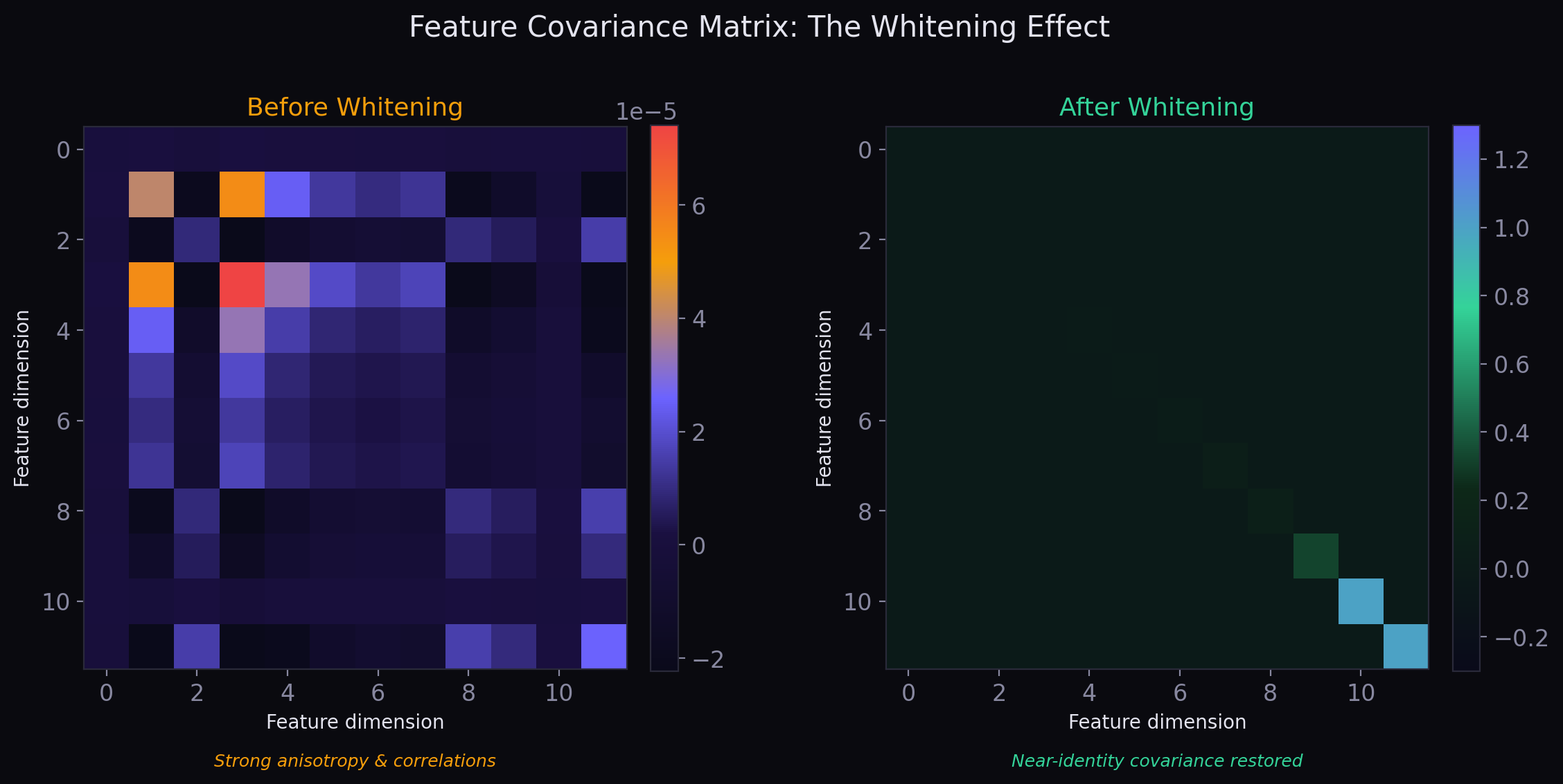 Feature covariance matrix before and after whitening: strong anisotropy and correlations are transformed into near-identity covariance