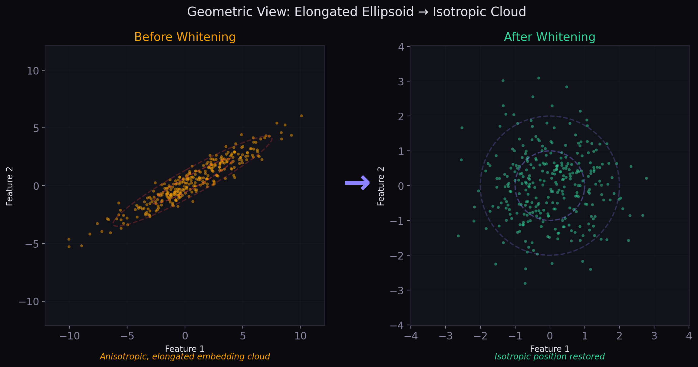 Geometric transformation: an elongated anisotropic embedding cloud is transformed into an isotropic circular distribution by whitening